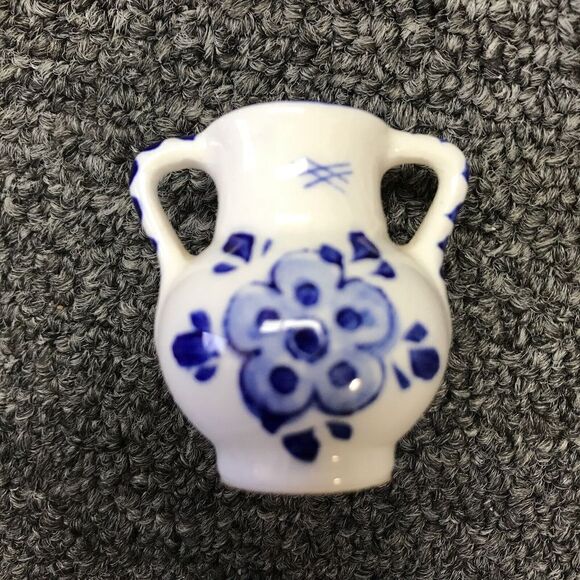 Miniature Vase Holland Hand Painted Blue White Double Handle Holland - Picture 3 of 5